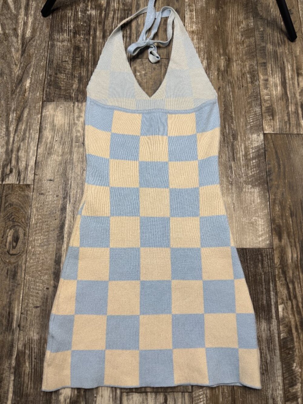Peppermayo Blue Cream Checkerboard Halter Mini Dress Knit Open Back S/M - Picture 2 of 7